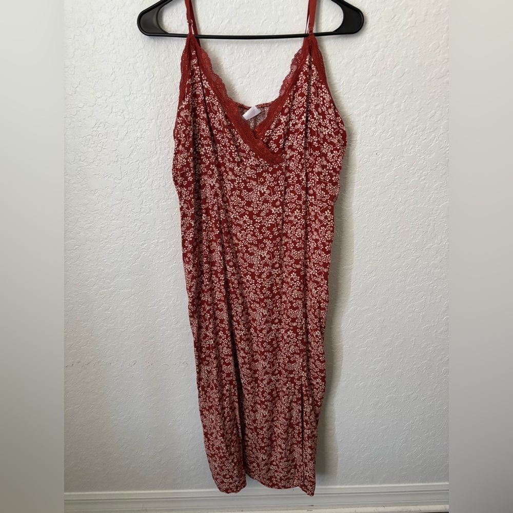 No Boundaries Floral Burnt Orange Slip Sundress – Lace V-Neck & Side Slit – XL